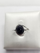 Sterling Silver 925 Asymmetrical Blue Oval Sandstone Ring - Size P