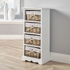 White Wooden Storage Unit 4 Drawer Chest Water Hyacinth Basket Fully Assembled