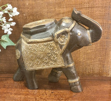 VGC INDIAN CARVED Wooden ELEPHANT 6.4" ORNAMENT/STATUE - EXC. BRASS DECORATION