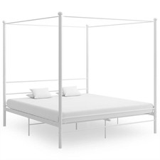 Canopy Bed Frame White Powder-Coated Metal 200x200 cm Sturdy Slatted Modern Slim