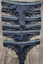 6 x Ladies Thong Briefs Navy with lace trim M*S THONGS