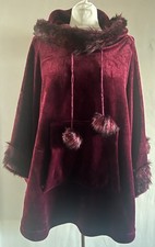 Women’s Burgundy Hooded Poncho  Fleece with Faux Fur Trim, Medium