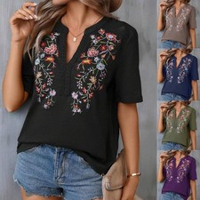 Ladies Summer V-neck Casual Tops Shirts Tee Loose Blouse Embroidered Floral SIZE