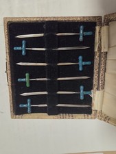 6 Sterling Silver Cocktail Sticks in form of Sword - Blue/Green Handles - Boxed