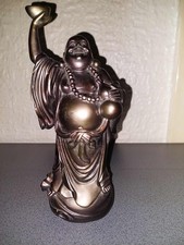 laughing buddha standing with bowl  and beads metal statue luckycharm 20cm tall