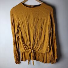 Zara Women Size S Mustard Basic Tie Front Blouse Top Casual Winter Career Smart