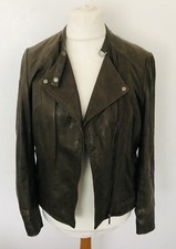 LAKELAND - Biker Style REAL LEATHER Jacket Distressed KHAKI GREEN Size 12/14