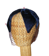 50s FASCINATOR HAT NETTED CAP VINTAGE COCKTAIL FASHION NAVY BLUE VELVET BOW TOP