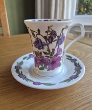 Dunoon Fine Bone China Mug & saucer Purple Flowers, designed by Kathy Pickles