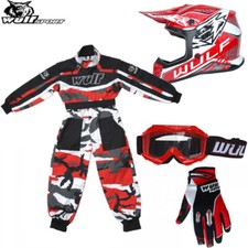 Wulf Kids Iconic Motocross Helmet Attack Gloves Goggles + Wulf Camo Suit Enduro