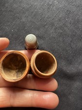 Antique Carved Nut Box W/ Antique Sterling Silver Thimble