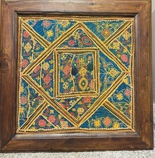 World Market Framed Kutch Textile Embroidery Story India HEAVY Boho 29.5"X 29.5"