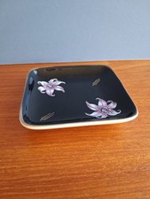 small square pink Orchid on glossy black with gold trinket dish by Palissy 1970s