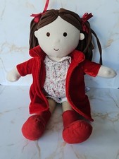 Silver cross rag doll wearing red boots floral dress red jacket soft toy