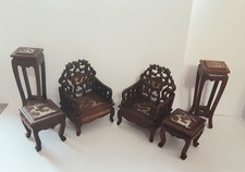 Dolls House Oriental Chinese Rosewood/Mother Pearl Tables Chairs Plant Stands