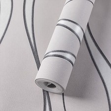 Grey Silver 3D Damask Wallpaper Roll Wave Stripe Embossed Textured Wall Covering
