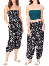 Harem Jumpsuit Pulls Down into Parachute Harem Pants in Black Blossom Print