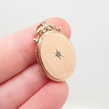 Antique 9ct 9k Rose Gold Diamond Locket Pendant Star Oval Solid 375 Back & Front