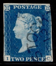 GB QV SG5, SCARCE 2d blue PLATE 1, USED. Cat £7000. TOWN POSTMARK IC