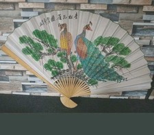 Oriental Style  peacock Print Paper Bamboo Fan Large 60" Wide Vintage