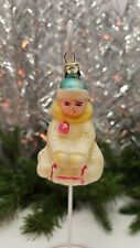 Adorable White Kid On Sleigh Christmas Antique Decoration Glass Vintage Ornament