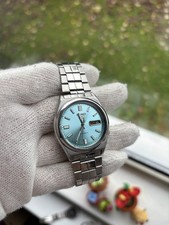 Vintage Seiko 5 Baby Blue Dial Black Day/Date 7009 Automatic Mens Watch GWO