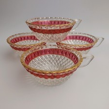 Set of 4 Vintage Diamond Cut Glass Bowls Cranberry Red Rim with Gold Trim