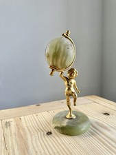 Vintage Gold Metal Cherub Holding Onyx Globe Standing On Onyx Base Paperweight