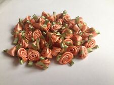SMALL MINI SATIN RIBBON ROSE BUDS FLOWERS WITH SATIN GREEN LEAVES APPLIQUE CRAFT