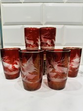 Set Of 6 Vintage glasses Red Etched/frosted Christmas /winter Tumblers. Gold Rim