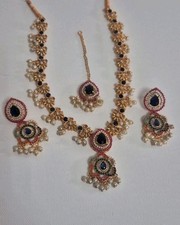 Blue Pearl Mala Set with Earrings tikka Asian Indian Jewellery Long Necklace