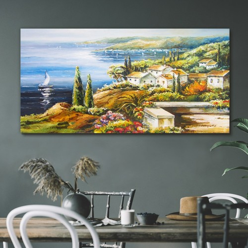 Painting coast village boats - village,