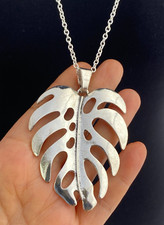 A Tibetan Silver Large Tree Leaf Pendant Charm 80x55mm, 30" Long Chain Necklace