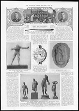 1910 Antique Print - LONDON Archeology Roman Pen Stamp Statue Archer Lamp (203)