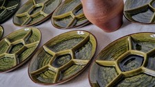Full Set Of 8 Olive Green Glazed Vintage MidCentury Ceramic French Fondue Plates