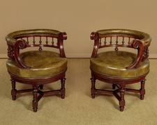 Antique Pair of Mahogany & Leather Revolving Desk Chairs c.1910