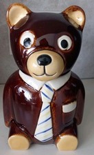 Vintage 1960-80s Brown Bear With Tie Ceramic Cookie Jar with Lid Denmead Pottery