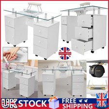 Manicure Nail Table Glass Top Salon Beauty Station Technician Storage Desk Wheel