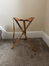 Vintage Tripod Folding Stool Gamebird Leather Seat Shooting Fishing Wood Legs