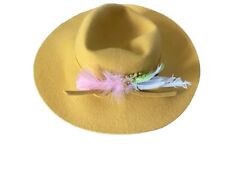 Yellow Fedora Ladies Hat With Feathers And Bow.(Real Wool , One Size, Hand Made)