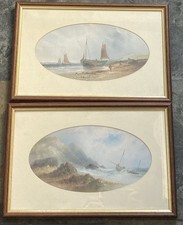 Pair Antique Framed Water Colour/Gouache Paintings - Coastal Boats at Sea