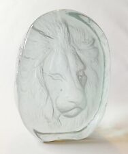 Lion head glass paperweight reverse relief sculpture H3¾in 9.5cm smoky-blue