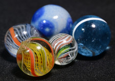 5 Antique German Handmade Marbles - Bennington; Divided; Latticino & Coreless