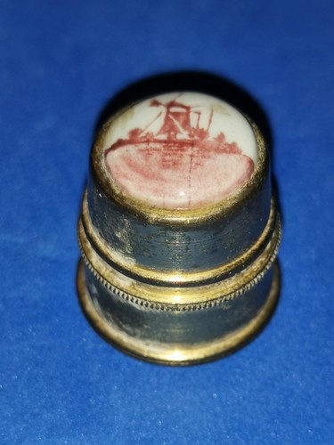 Brass thimble with blue white - thimble, blue/white