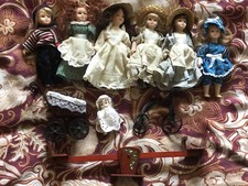 Vintage Pocelein Head And Limb Dolls With Metal Tricycle And Baby Carriage - 2