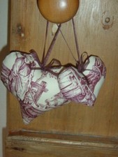 2 French Shabby Chic Toile de Jouy Fabric Padded Heart Hanging Decorations Menu
