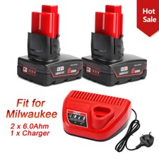 2PCS 6.0Ah Battery Fit for Milwaukee M12 LI-ION XC 12V 48-11-2402 and Charger