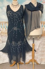Evening Dress 16 Blue Silk Beaded Sequin +Wrap Jacques Vert 1920 Evening Flapper