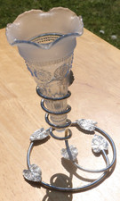 1116 Vtg Pretty Bagley Glass Katherine Part Frosted Bud Vase, Leafy Chrome Stand