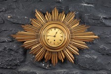 Vintage Art Deco Gilt Sunburst Wall Clock ~ Antique Starburst Clock in Gold